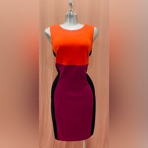 Plus-sized Sleeveless Colorblock Midi Dress in Orange and Magenta